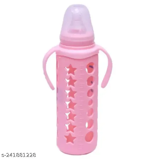 صورة زجاجة رضاعة زجاجية بمقبض وغطاء سيليكون. زجاجة رضاعة زجاجية مضادة للمغص للأطفال حديثي الولادة والأطفال. سعة ٢٤٠ مل.