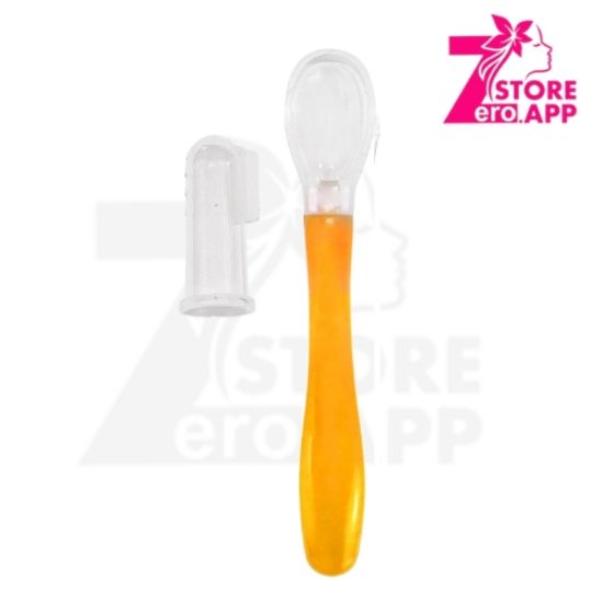 صورة  طقم ملعقة سيليكون للأطفال وفرشاة لسان من لاكي – برتقالي