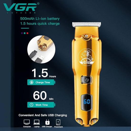 صورة ماكينة حلاقة الشعر الاحترافية اللاسلكية القابلة لإعادة الشحن VGR V-927 مع كابل شحن USB، شاشة LED، شفرة دقيقة، زر تشغيل/إيقاف، 4 أمشاط توجيه للرجال، وقت التشغيل: 60 دقيقة، ذهبي