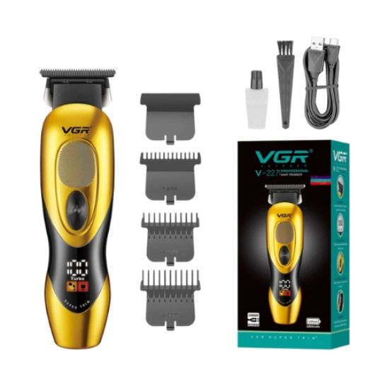 صورة ماكينة قص الشعر الاحترافية V_227، شاشة LED، قابلة لإعادة الشحن بجهد 5 فولت، وقت تشغيل يصل إلى 300 دقيقة، منخفضة الضوضاء، مع 3 أمشاط توجيه