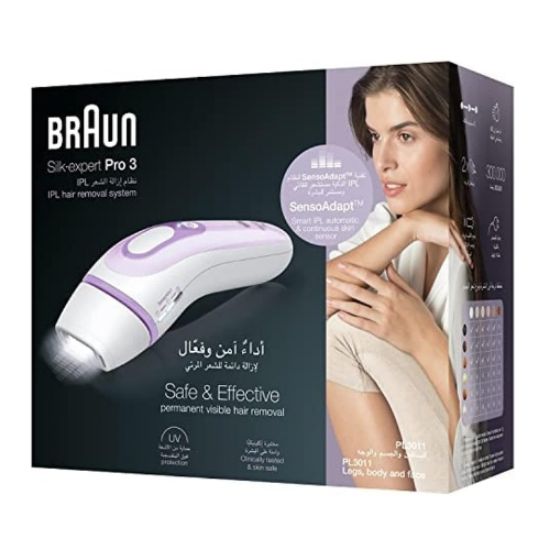 صورة ماكينة ازالة الشعر بالنبضات الضوئية المكثفة سيلك اكسبرت برو 3 للنساء من براون PL3011 , ابيض